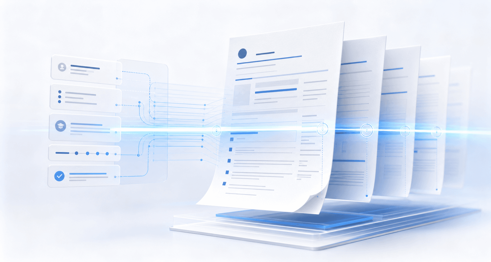 Illustration of resume pages moving through an ATS scanning system